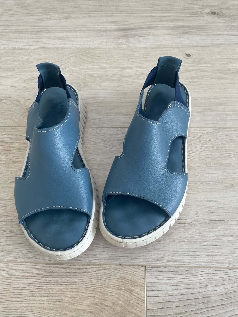 Spring Step Blue Leather Slide Sandals with White Soles